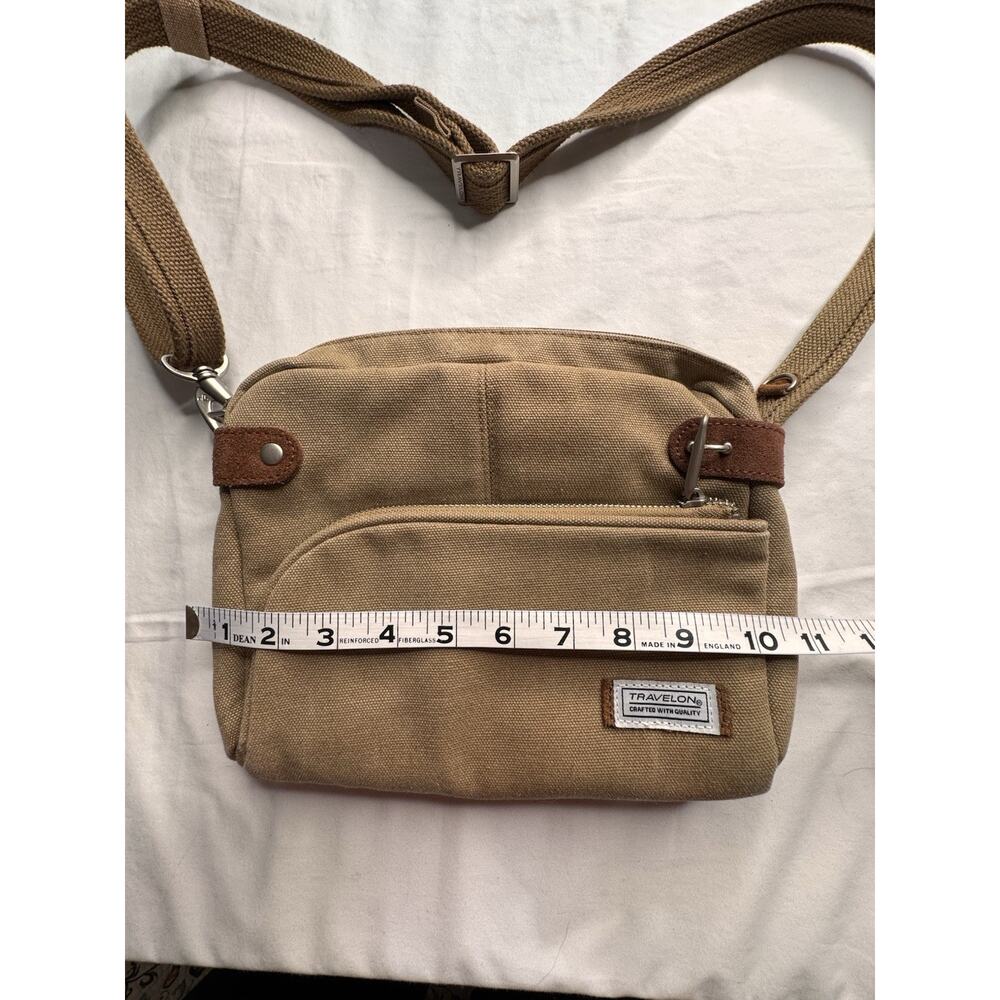 TRAVELON Brown Canvas & Tan Suede Crossbody Shoulder Bag Pockets - Picture 11 of 12